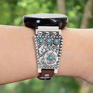 Vintage High-End Metal Flower Strap with Soft Leather, Compatible with Samsung Galaxy Watch 7/6/5/4/active2, Garmin Huawei, 20mm Width Watch Straps