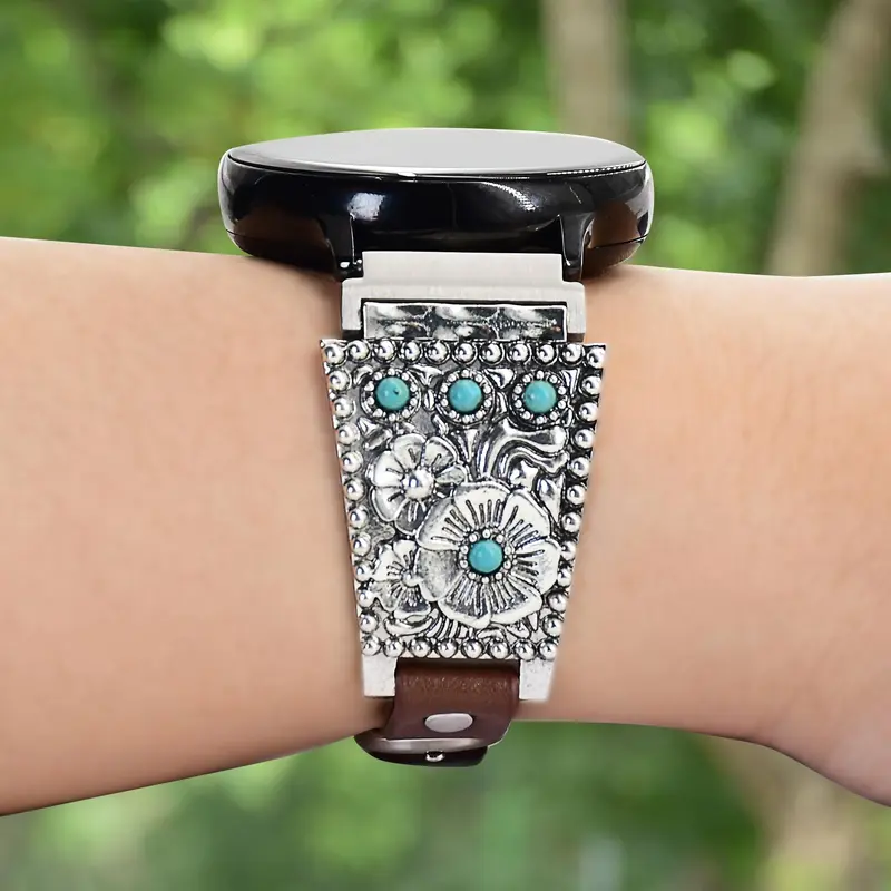 Vintage High-End Metal Flower Strap with Soft Leather, Compatible with Samsung Galaxy Watch 7/6/5/4/active2, Garmin Huawei, 20mm Width Watch Straps, Smart Watch Accessories, Smartwatch Accessories (Band Only)