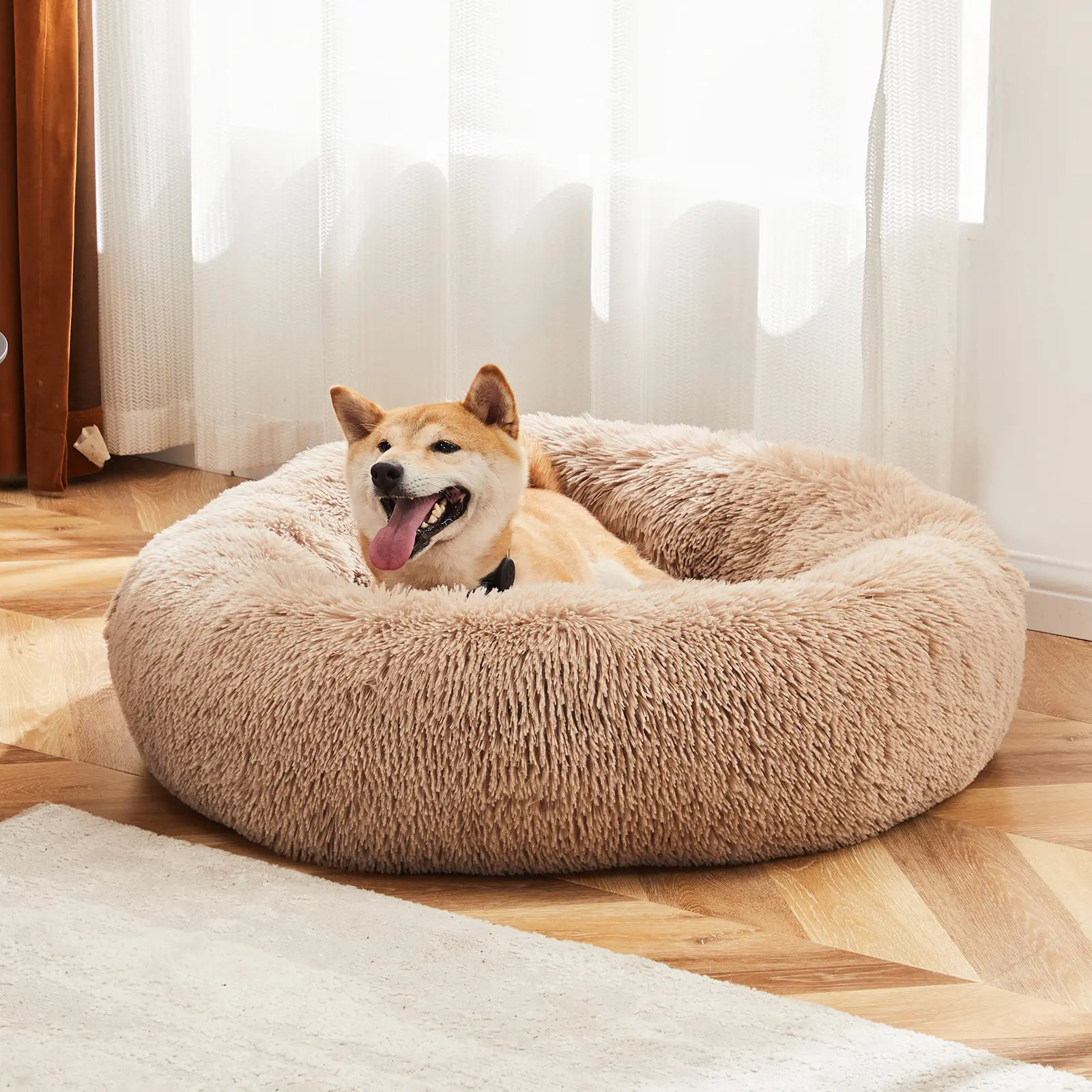 Calming Donut-Shaped Pet Bed for Cats & Puppies - Machine-Washable, Plush Waterproof Faux Fur-Lined Foam Cushioned Cozy Nest