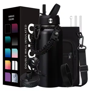 Stainless Steel Water Bottles 32oz - w/Paracord Handle, Straw/Spout Lid, Carrying Case & Protective Boot, Leak Proof Insulated Bottle Cold 48H & Hot 24H