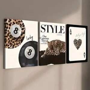 3-Piece 12x18 Inch Aesthetic Leopard Print Canvas Wall Art Set - Luxury Fashion Baddie Room Decor - Preppy 8-Ball & Cheetah Print Framed Wall Art for Bedroom and Dorm
