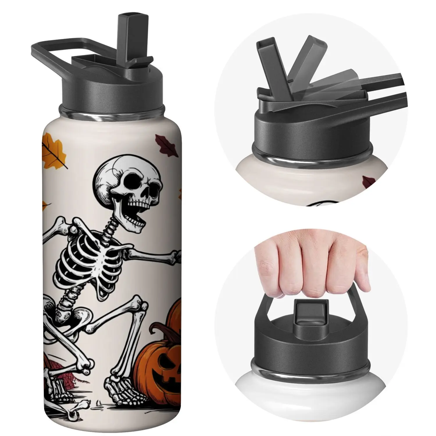 Skeleton Halloween Water Bottle with Black Lid, White Body, Spooky Skeleton and Pumpkin Design, Ideal for Outdoor Activities and Party Events