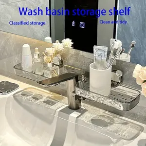 No-Drill Suction Cup Wall-Mounted Bathroom Shelf Organizer - Multi-Compartment Chrome Plastic Sink Countertop Storage for Toiletries, Toothbrushes & Bottles, Space-Saving Modern Design for Bathroom Vanity & Makeup Station, Bathroom Organize