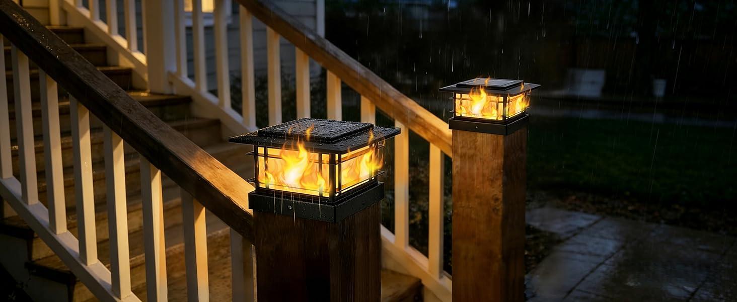 4x4 Solar Post Cap Lights Outdoor with Flickering Flame Light, Black Shell Fence Post Solar Lights Fit 4x4 Vinyl/Wooden Posts, Brightness LED Lighting Decor for Garden Deck Patio, 2 Pack