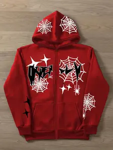 Unisex Loose Spider Web & Letter Graphic Print Hoodie, Fall Winter Streetwear, Warm Lining, Long Sleeve Zipper Pullover, Gift for Husband Boyfriend, Sweatshirts, Thermal, Casual