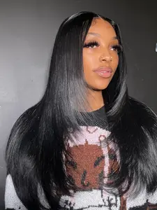 U Part 26 Inch Glueless Layered Straight Wig Layered Hair Light Yaki Straight Hair Synthetic Hair Long U Part Straight Layered Bob Hair For Women Black Highlight Brown Wig Straight Layered Wigs Synthetic Material Wigs