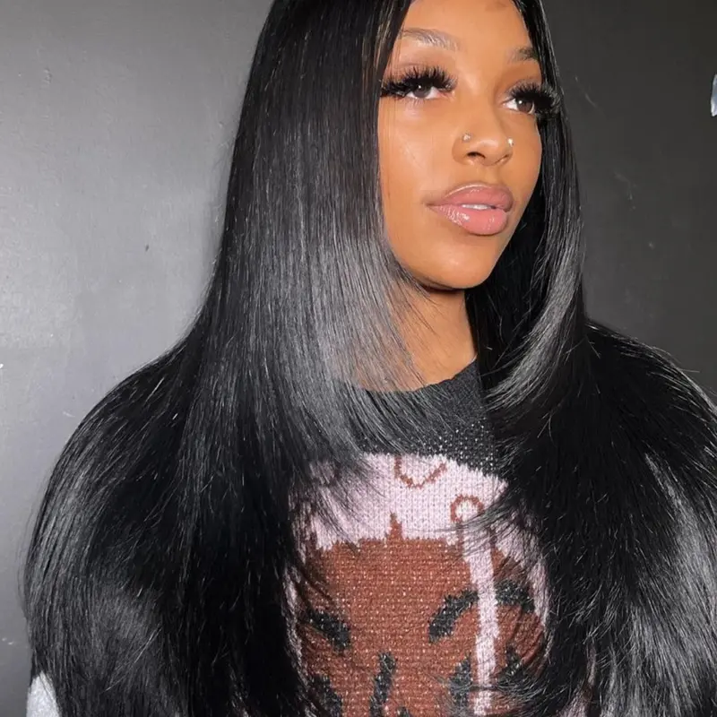 26 Inch U Part Glueless Layered Straight Synthetic Fiber Wig for Women, Light Yaki Long Hair, Brown with Black Highlights