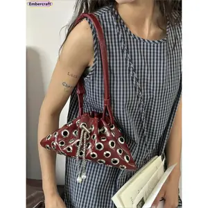 Women's Punk Y2K Studded Rivet Crossbody Shoulder Bag, Hollow-Out Bucket Bag, Small Lightweight Casual Purse, Adjustable Strap Everyday Handbag for Women, All-Season Streetwear, Festival, Concert, Travel, Night Out, Gift