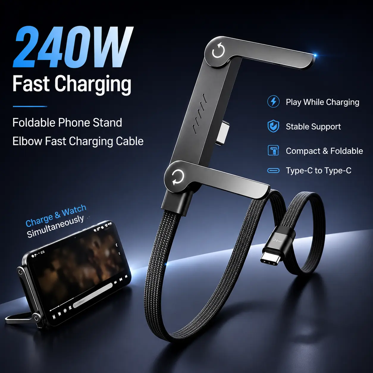 Invisible Stand Type-C Charger Cable, 240W Super Fast Charging 2-in-1 Charging Cord & Phone Holder for Gaming, Office, Car Travel – Black