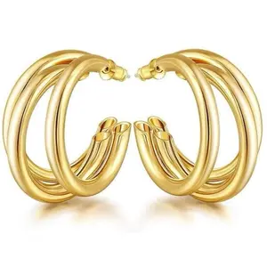 Oro Laminado Gold Filled Chunky Triple Layer Hoop Earrings for Women and Girls