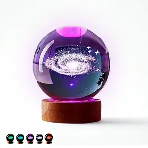 3D Galaxy Crystal Ball Night Light | Color-Changing LED Lamp with Wooden Base | USB Powered, 3.1in K9 Glass Orb
