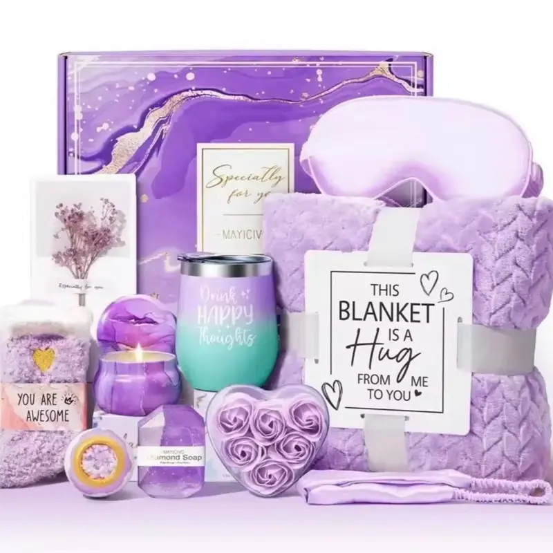 Angelique Artistry Premium Luxury Purple Spa Gift Basket with Scented Candle Bath Salt Bomb Soap Card Eye Mask & 12oz Tumbler for Women's Self Care Set Perfect for Birthday Christmas Mother's Day