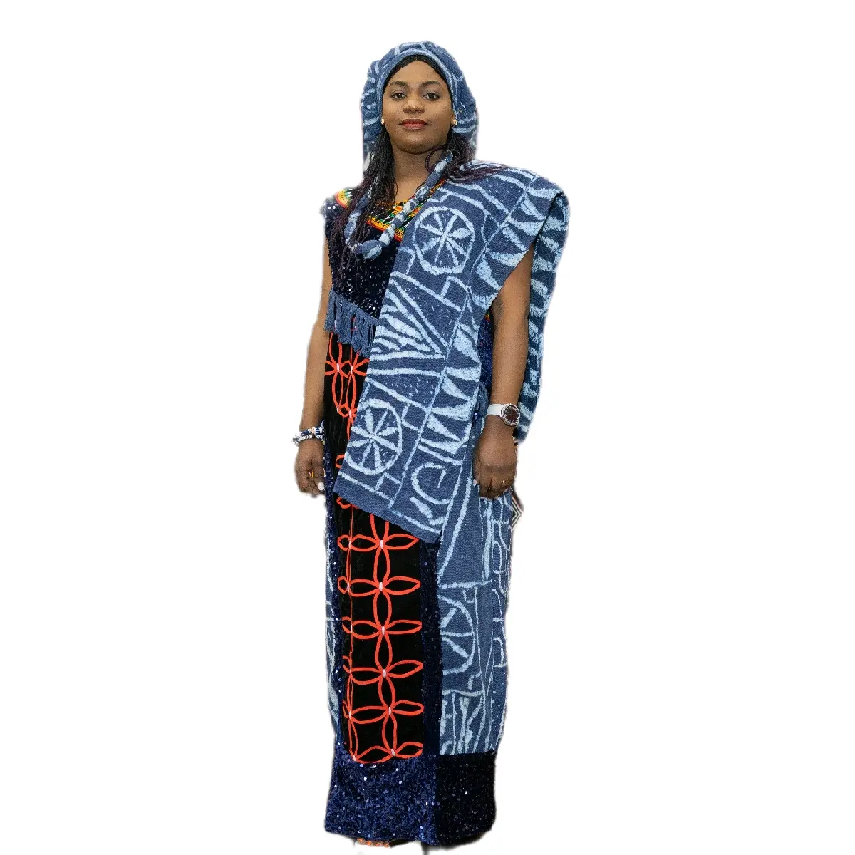 Women's Toghu Kaba Dress, 1-Piece Traditional Cameroonian Costume with Ndop Embroidery and Bias Lace Accents, Costumes