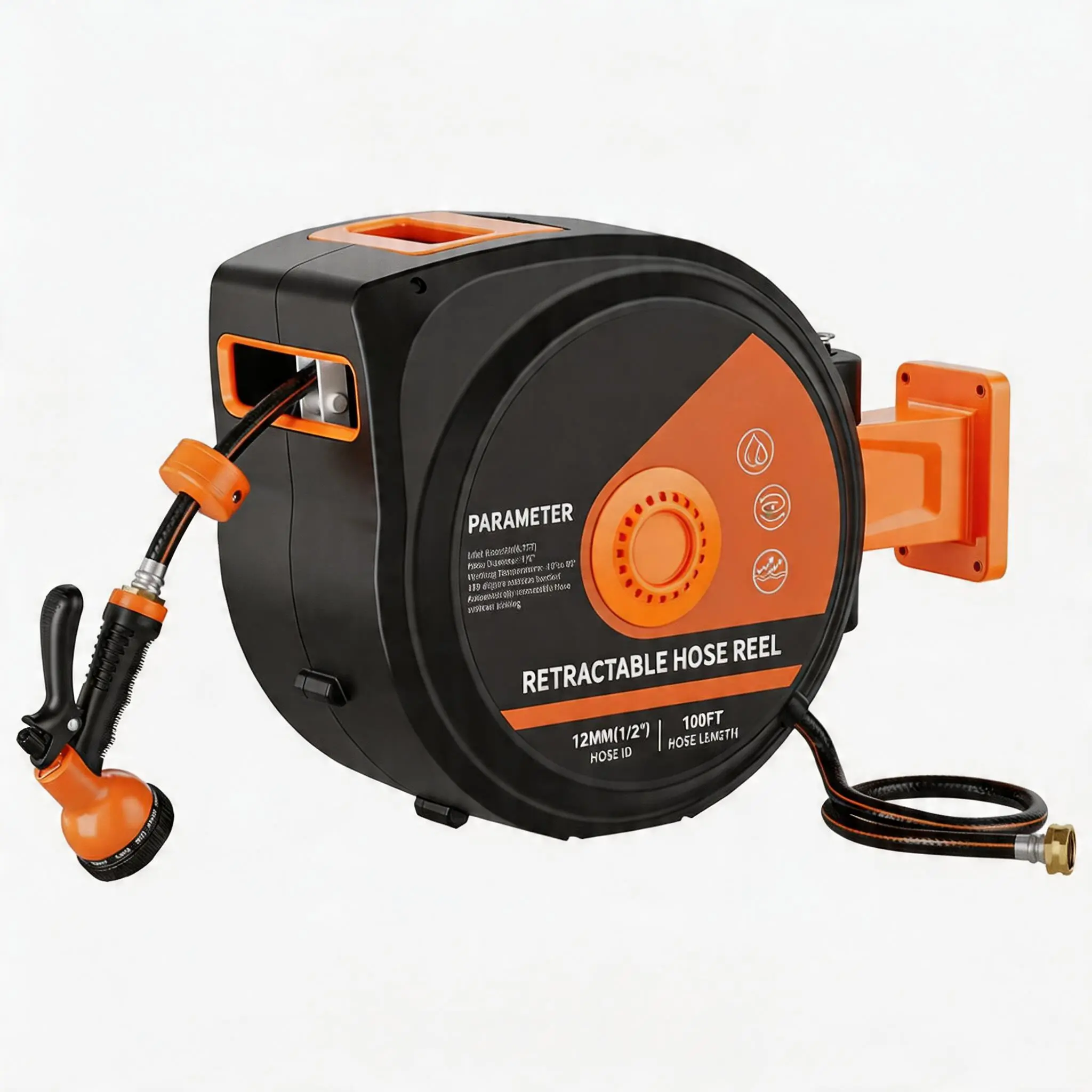 Heavy Duty Retractable Garden Hose Reel 1/2 "x 130 ft - Wall Mounted -10 Function spray Nozzle -6.5 ft Guide Hose - Any Length Lock - Automatic Rewind - Slow Return -180 ° Swivel Bracket