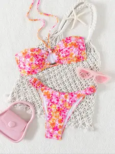 Fashionable Sunflower Print Halter Bikini Set, Hollow Out Design, Two-Piece Swimsuit for Women, Best Selling Beachwear, Floral Print Bikinis