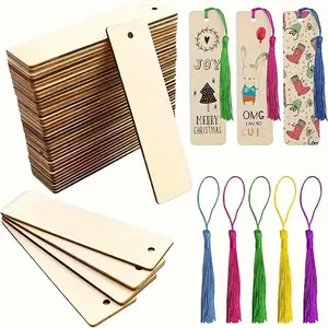 Wooden Blank Bookmark Set, 1 Set Including 25pcs Wooden Bookmark & 25pcs Tassel, DIY Wooden Craft Bookmark, Wooden Square Tags, Office Stationery & Supplies