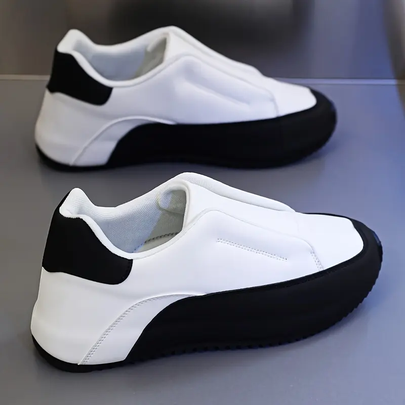 [Boosting Sneakers] Height Boosting Men's Slip-On Casual Sneakers | Black & White, Thick Sole, Versatile Fashion Shoes for All Seasons, Round Toe, Low-Top Design with PU Upper and Fabric Lining