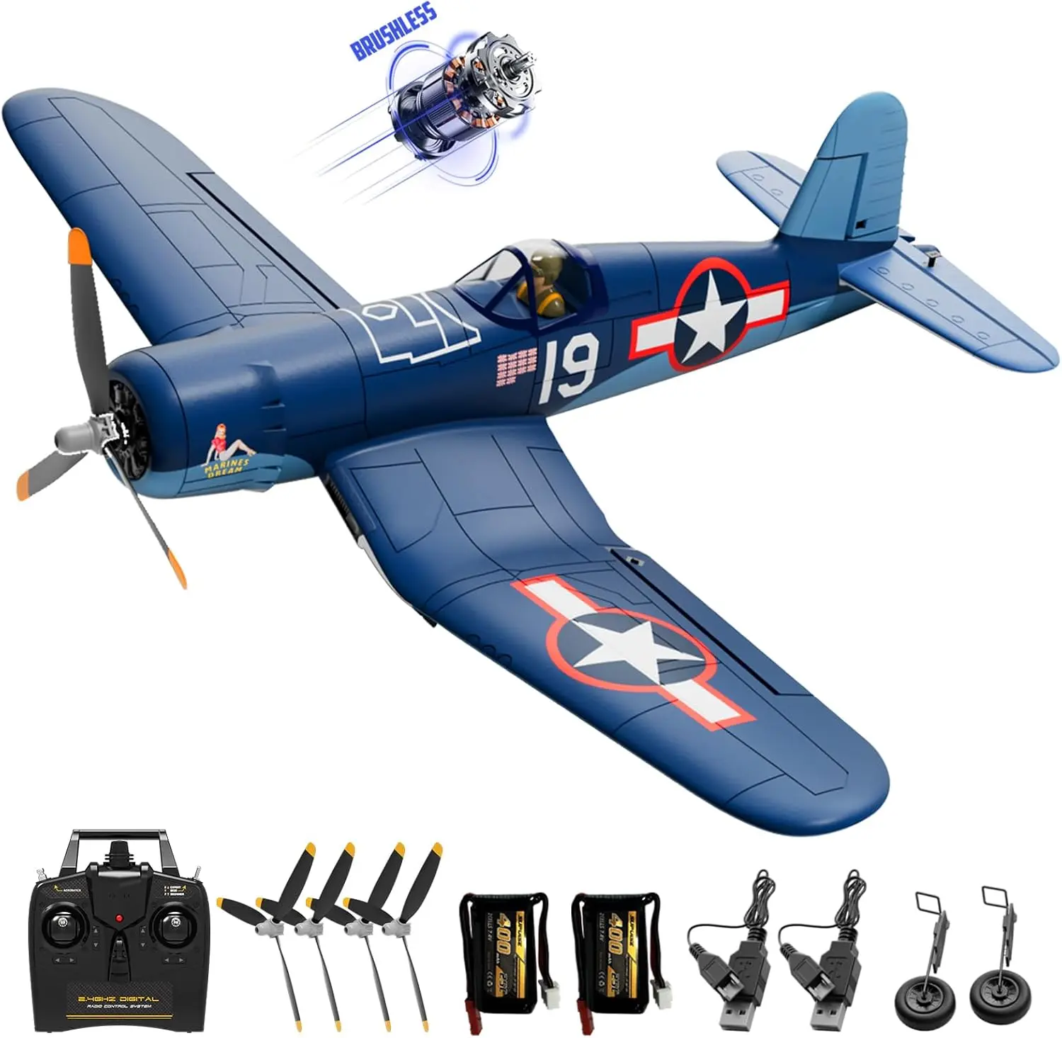Brushless 4-Channel RC Plane - F4U Corsair 500mm (19in x16in) Electric RTF Fully Assembled Aeroplane with 3D Aerobatic Capability, XPilot Stabilizer, 3 Flight Modes, 2.4G Remote Control