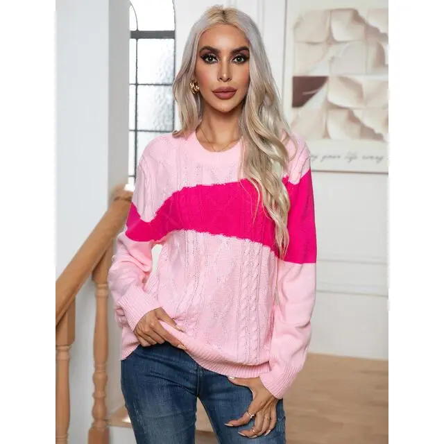 Color Block Cable-Knit Round Neck Sweater