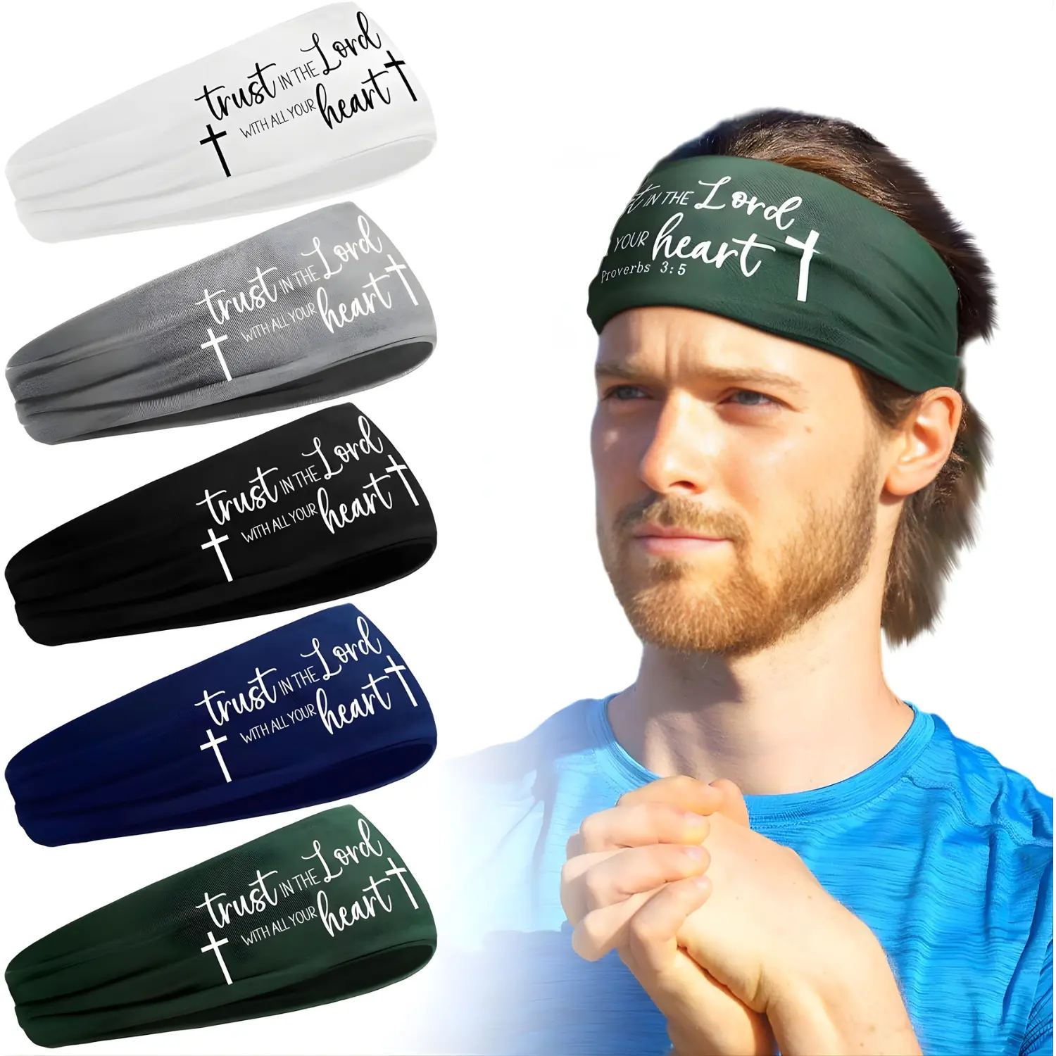 Christian Athletic Headbands 5 Pack Cross with Bible Verse Stretchy Sports Sweatbands for Men Women Quick Absorb Sweat High Elasticity Comfortable Fit