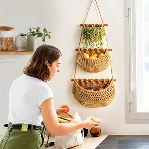 2pcs 3 Tier Hanging Fruit Basket, Wall Hanging Vegetable Fruit Baskets Woven Storage Baskets for Organizing, Wall Basket Decor, Over the Door Organizer for Kitchen, Bedroom, Bathroom