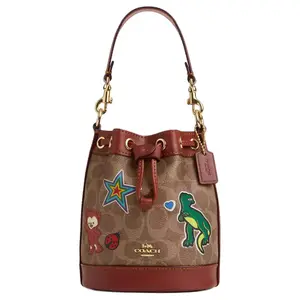COACH Dempsey 14 Mini Bucket Bag for Women – Detachable Strap, Drawstring Closure, Coated Canvas, Gold and Tan Multicolor