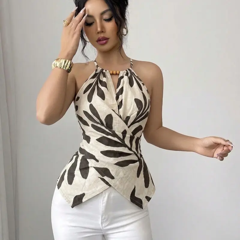 Elegant Halter Neck V-Neck All Over Print Sleeveless Top, Summer Waist-Cinch Slimming Asymmetrical Hem Chiffon Shirt, European Style Shoulder-Baring Commute Vacation Blouse, Casual Chiffon Tops, Summer Vibes Tops, Blouses Shirts Tops