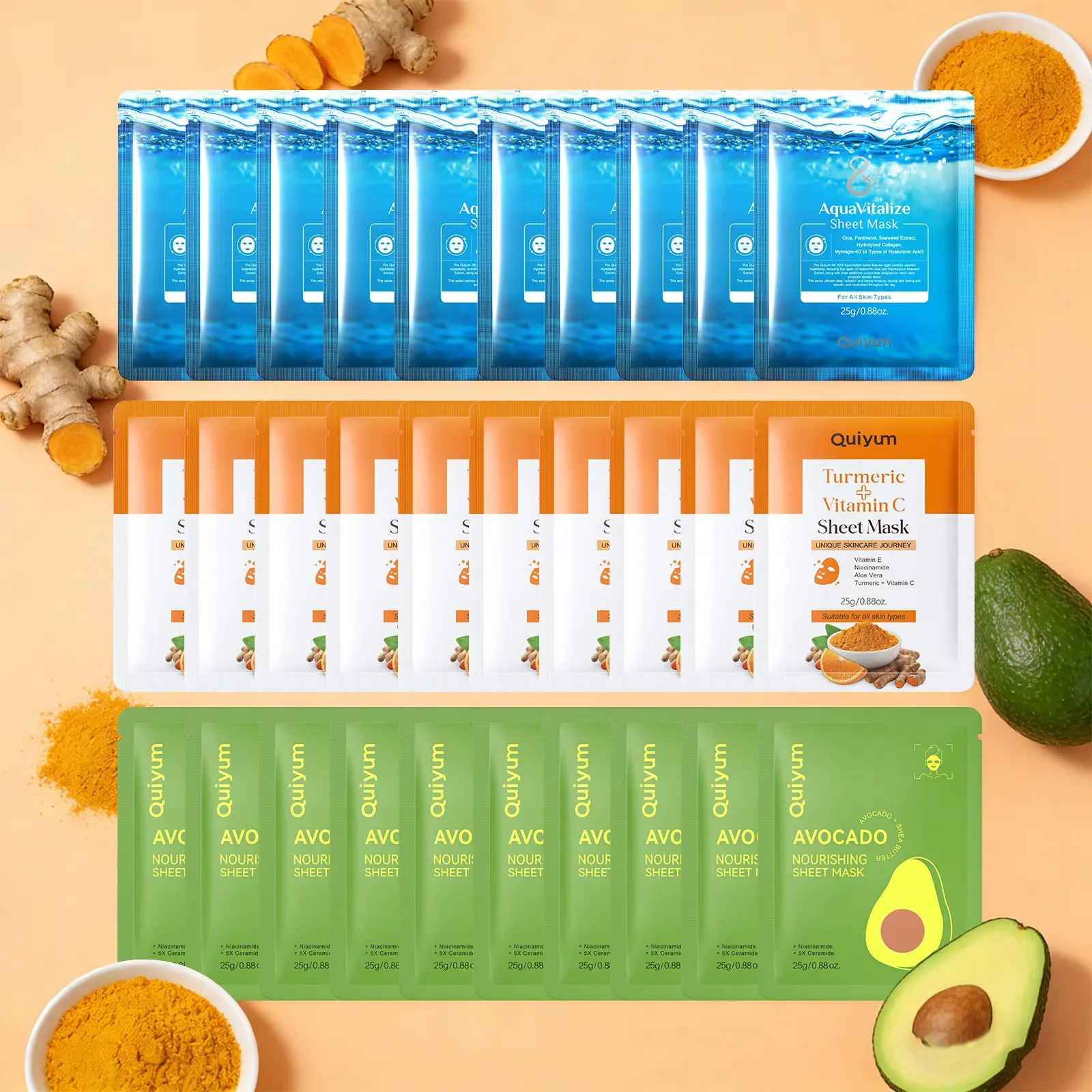Hydrating Brightening Nourishing Facial Mask - Deep Hydrating Treatment Mask 30Pcs Quyum 8X H2O AquaVitalize Turmeric Vitamin Avocado Skin Repair Face Mask Sheet