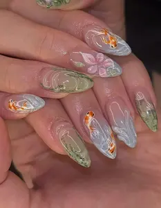 Green Koi Pond Press On Nails | 3D Floral & Fish Nail Art | Green Nature Inspired Nails | Handmade Press Ons | Artistic Garden Nails