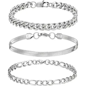 3 count  Chain Bracelets for Men Stainless Steel Cuban Link Chain Bracelet Set  Herringbone Bracelet for Men Figaro Wrist Chains 7-9inch Sturdy Bracelets  for Dad Husband Boyfriend