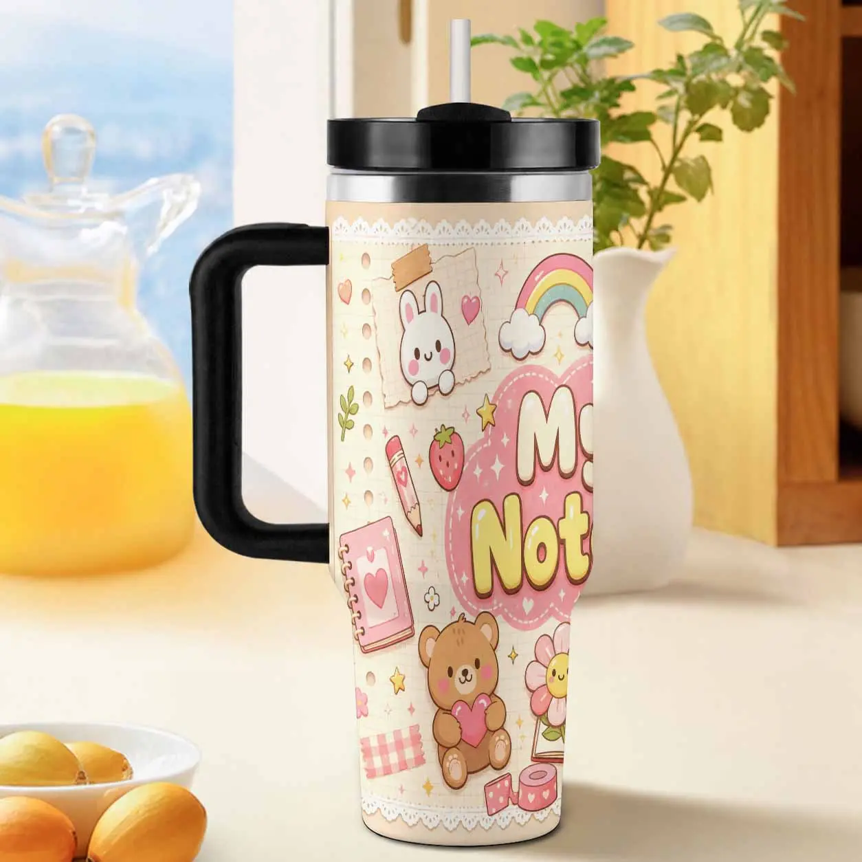 Kawaii Aesthetic 40oz Tumbler. Cute Bear And Bunny Pattern. Stainless Steel Insulated Travel Cup. Double Wall Vacuum Coffee Mug. Leakproof And Durable Drinkware. Suitable For Office Desk. Suitable For Car Cup Holder.
