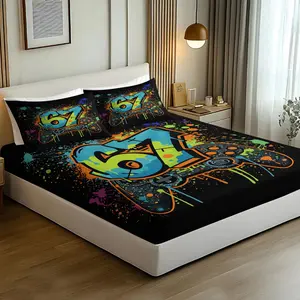 3PCS Gamer 67 Graffiti Fitted Sheet Set, Cool Game Controller Bed Sheet Set, No Fillers Bedding Set with Pillowcases, Soft Microfiber Digital Print for Teen Boys, Kids, Bedroom, Dorm, Gaming Room