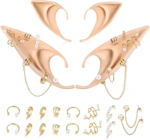 Elf Ears with Earrings Set - 2 Pairs Fairy Pixie Soft Ears with Non-Piercing Moon Cuffs EarringGift