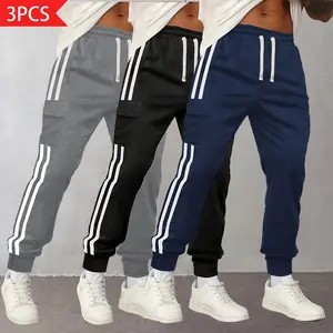 Men's 3-Pack Athletic Pants - Comfy, Performance, Pinstriped, Warm-Up, Colors Men's Pants with Elastic Drawstring Waistband, Side Stripes, Jogger Cuffs for Sports, Casual Outings, Comfy Men's Pants