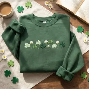 Embroidered Shamrocks Crewneck: St Patrick's Day Irish Sweatshirt, Shamrock Meadow