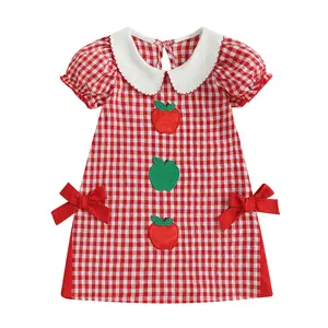 Toddler Girls Back to School Dress Peter Pan Collar Apple Embroidery Bows Dresses Short Puff Sleeve Gingham Sundress