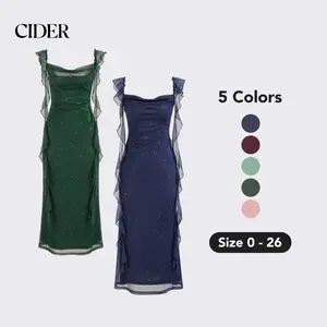 Cider [5 colors, size 0-26] Cowl Neck Solid Sequin Ruffle Hem Maxi Dress