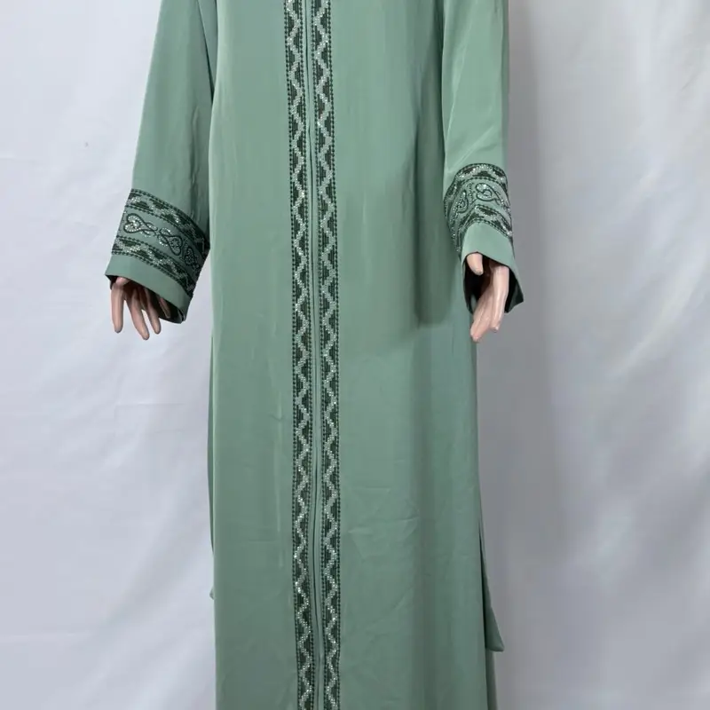 Mint Green Embroidered Rhinestoned Abaya Maxi Long Sleeve Women's Fashionable Dress with Intricate Details