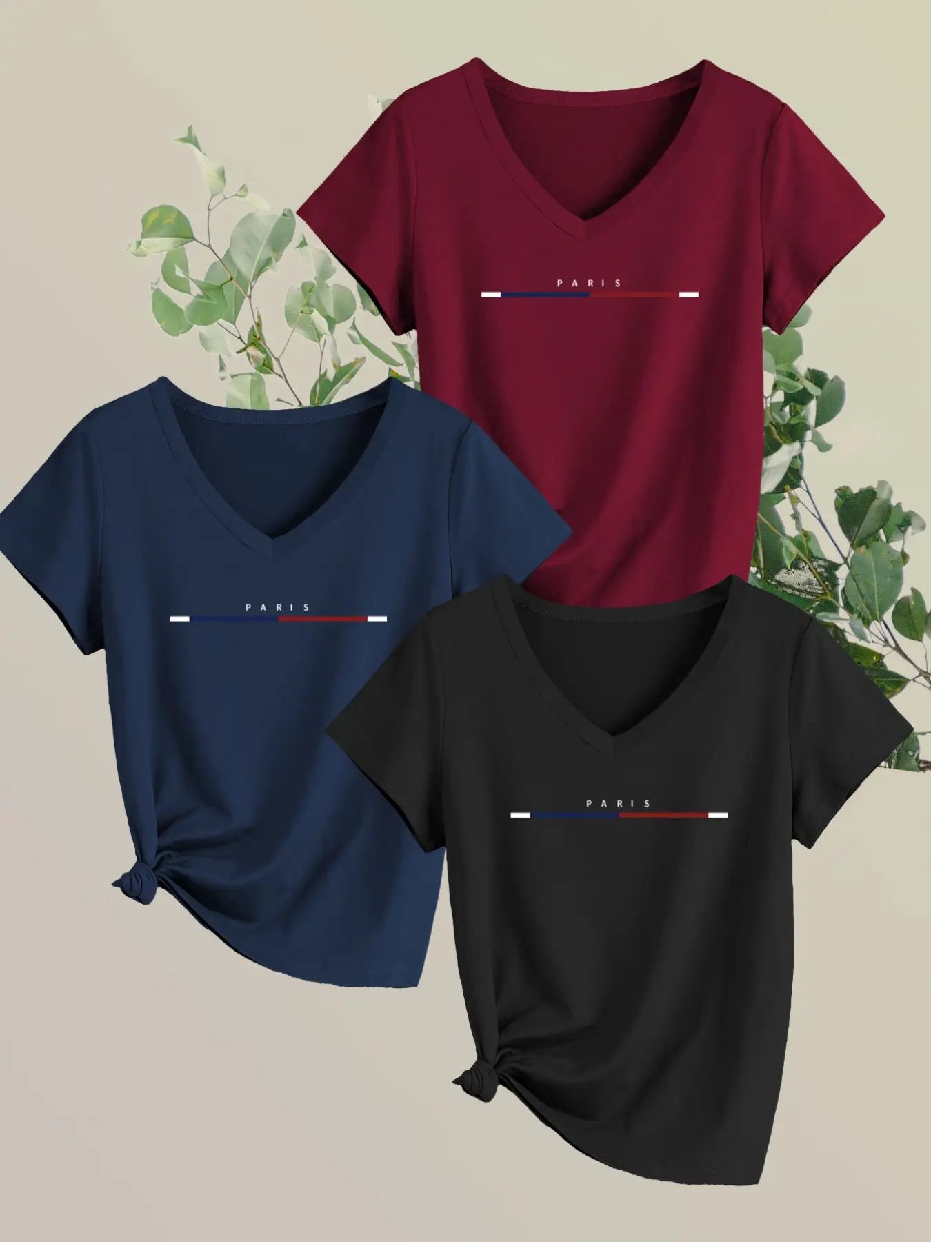 Women's 3-Piece Casual V-Neck Short Sleeve T-Shirt Set, Womenswear, Matching Paris Stripe Print, Soft Elastic Fabric, Comfortable Versatile Top, Lady, Casual Tee Shirt