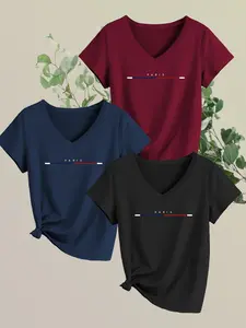 Women's 3-Piece Casual V-Neck Short Sleeve T-Shirt Set, Matching Paris Stripe Print, Soft Elastic Fabric, Comfortable Versatile Top
