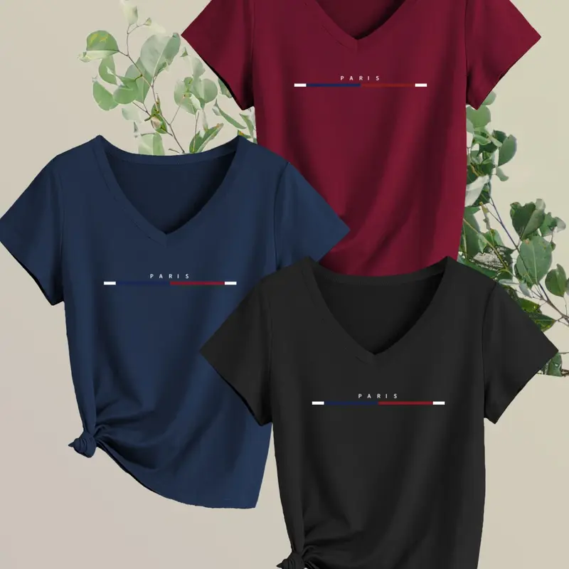 Women's 3-Piece Casual V-Neck Short Sleeve T-Shirt Set, Paris Stripe Print, Soft Elastic Fabric, Comfortable Versatile Top