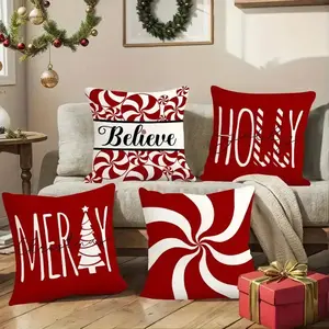 【FaddishDeal】4Pcs Christmas Decorative Pillow Set, Red Candy Cane Porch Pillow Cover, Single-Sided Linen Print, Winter Holiday Gift, Cushion Cover Home Decor.excellent gifts for Christmas and new year，Must-buy on Black Friday