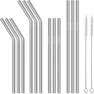 12 Pack Reusable Stainless Steel Metal Straws, 3 Straight + 3 Bent 10.5 Inch and 3 Straight + 3 Bent 8.5 Inch Metal Straws for 20 24 30 oz Tumblers Dishwasher Safe - 2 Cleaning Brushes Included