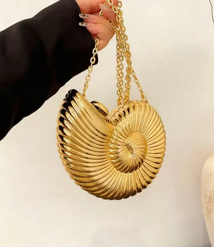 Texture Conch Shaped Armpit Bag, Crossbody Purse, Crossbody Handbag, Crossbody Fashion Bag, Gold Bead Chain Design, Mirror Decoration, Can Accommodate Lipstick, Headphones, Suitable for Multiple Occasions Such as Dinners/Dates/Vacations