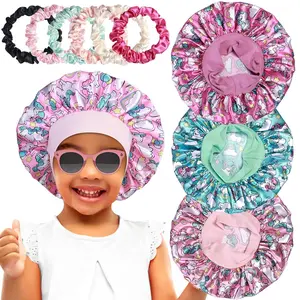 S-35 3pcs Satin Bonnets for Kids Sleeping, Cute Hair Bonnet with Scrunchies for Girls Curly Hair, A