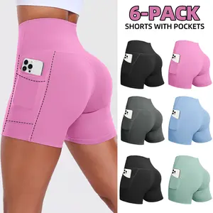 CHRLEISURE 4/6/8PCS High Waist Athletic Yoga Shorts with PocketsGym Running Yoga Shorts Yoga Activewear For Daily Workout & Casual
