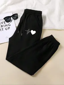 Women's Heart Print Drawstring Waist Sweatpants, Casual Thermal Lined Pocket Jogger Pants for Fall & Winter, Women's Trousers for Daily Wear, Casual Lounge Pant
