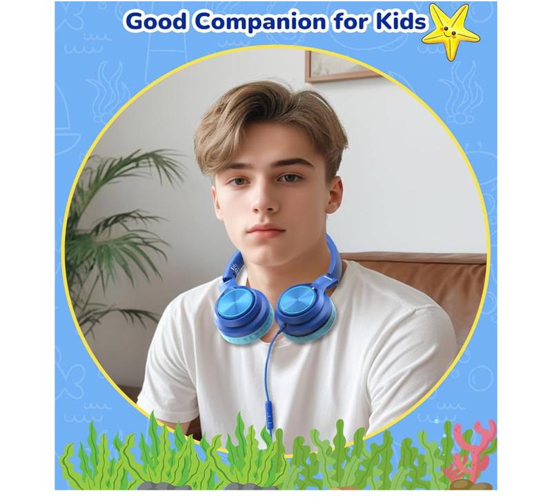 Kids USB-C Headphones with Mic – Safe Volume Limiter – Foldable Over-Ear Wired Headset (Blue)
