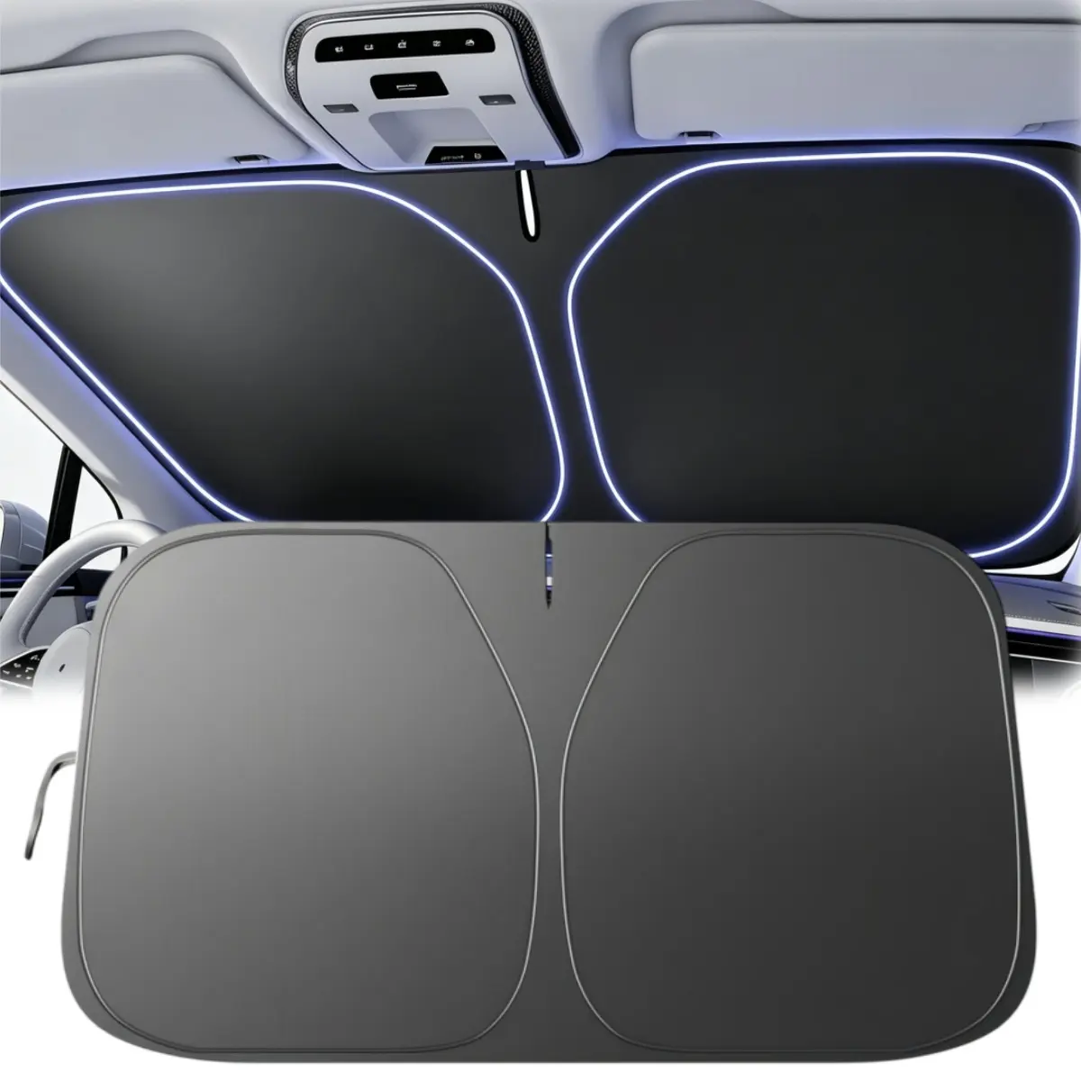 Foldable Car Windshield Sun Shade, 3‑Layer Block Heat Insulation Car Sun Visor Windshield Sunshade with Storage Bag, Universal for Most Car SUV Sedan Coupe - 50 x 57 x 31 Inch