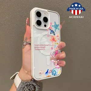 Adorable Magnetic Case for iPhone11/12/13/14/15/16/promax Marine Life and Bible Illustration MagSafe Compatible, Lightweight, Anti-Fall | Girly & Chic Style
